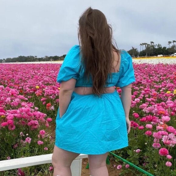 A New Day Mini Dress Puff Sleeves Smocked Cut Out Back Blue Womens Size XXL - Picture 13 of 15